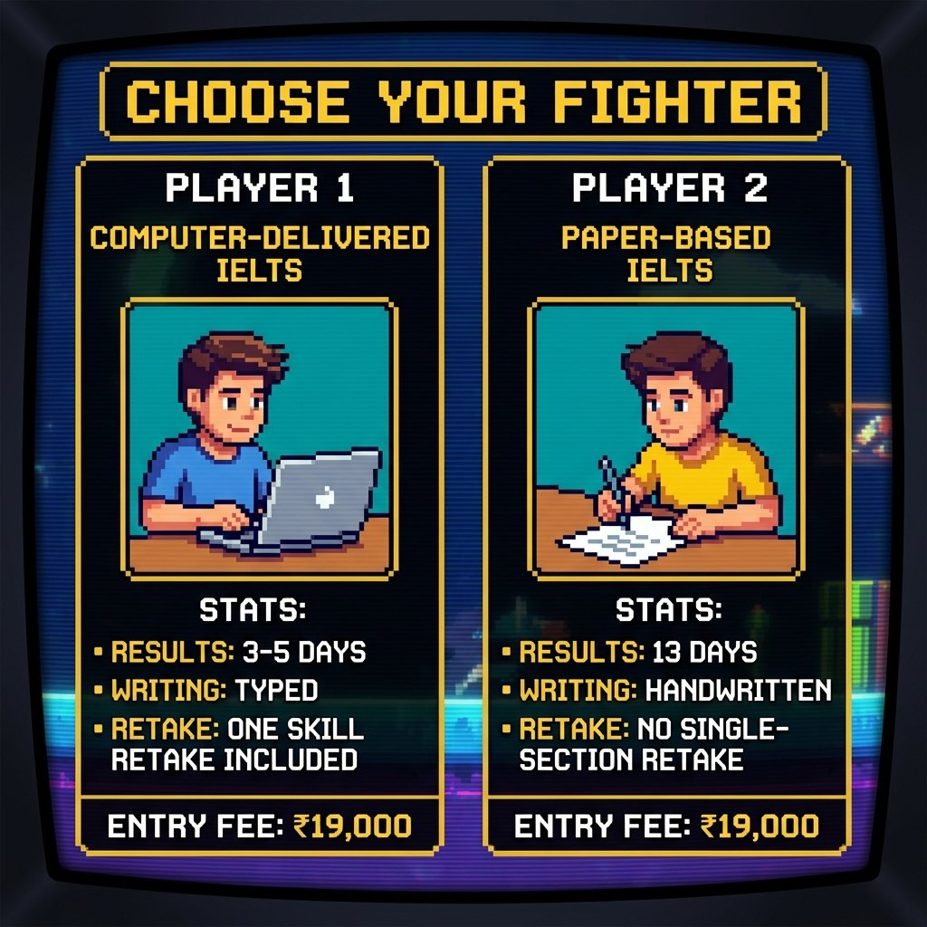 IELTS Computer-Delivered vs Paper-Based Format Comparison Arcade Infographic